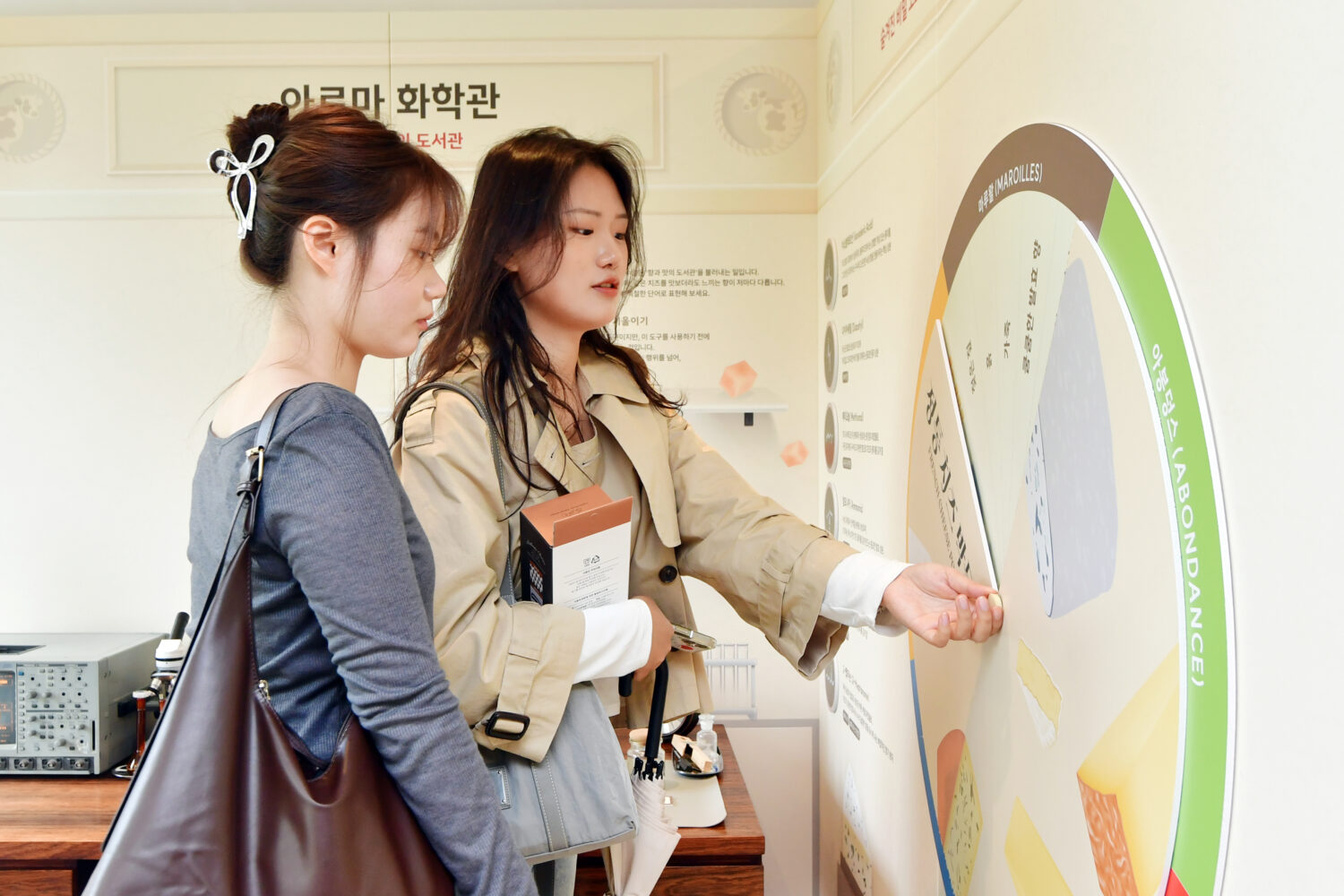 two women looking at information wheel on wall