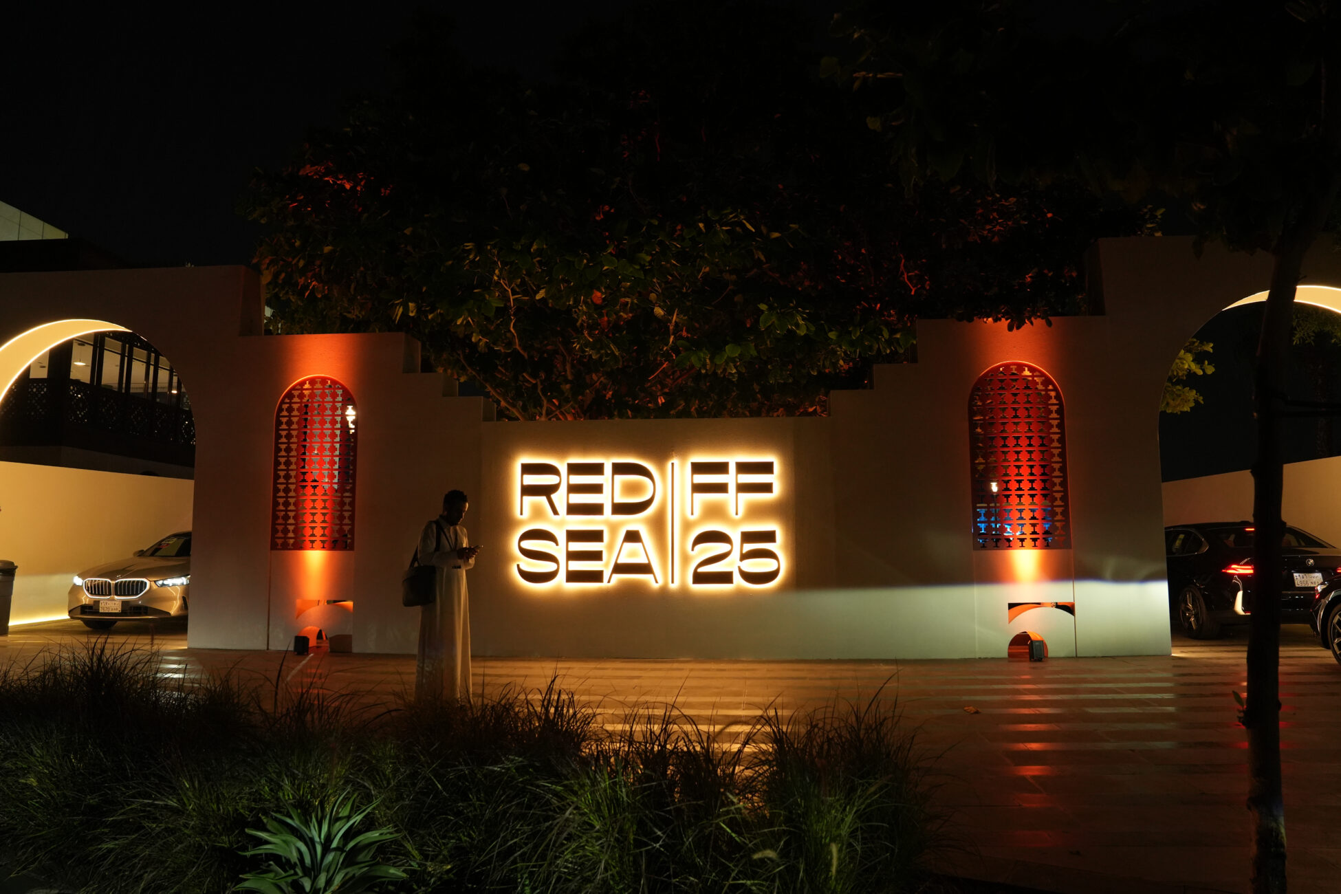 Fancy entryway for RED SEA 2025 at night