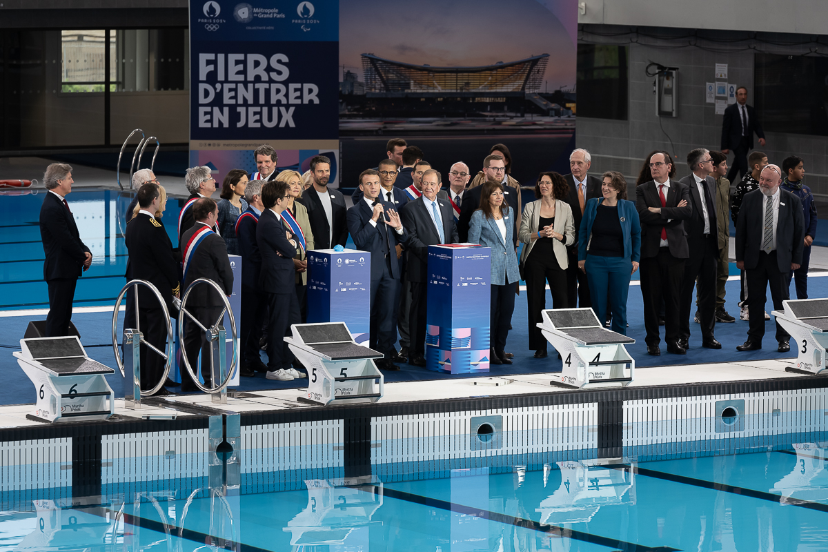 Officials at the inauguration of the Saint-Denis Olympic Aquatic Center.